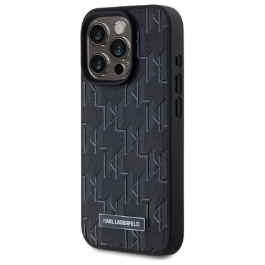 Funda Karl Lagerfeld para iPhone 15 Pro 6.1'' funda rígida negra Cuero Monograma Metal Logo MagSafe