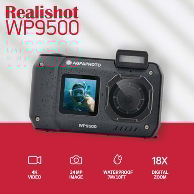 AgfaPhoto Realishot WP9500 - Appareil Photo Numérique Waterproof, Étanche 7m, 24 MP, Zoom 18X, Vidéo 4K, Double Écran 2.9''/1.4'' - Noir