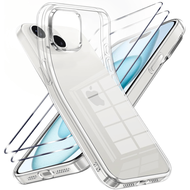JAYM Lot 2 Verres Trempés + 1 Coque Souple pour iPhone 15 - Transparente