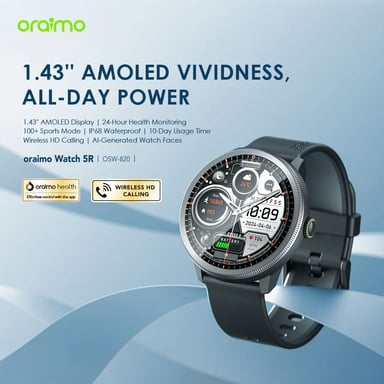 oraimo Watch 5R – Reloj inteligente AMOLED 1,43'', seguimiento de salud, 100+ deportes, batería de larga duración, IP68