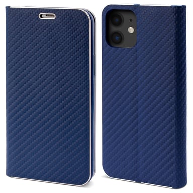 Moozy Étui Portefeuille pour iPhone 12, iPhone 12 Pro, Bleu Foncé Carbone - Protection des Bords Métalliques Fermeture Magnétique Flip Cover avec Porte-Cartes