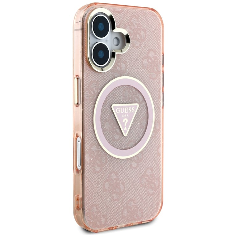 Étui Guess IML Metal Glitter 4G Circle Triangle MagSafe pour iPhone 16 rose - Neuf