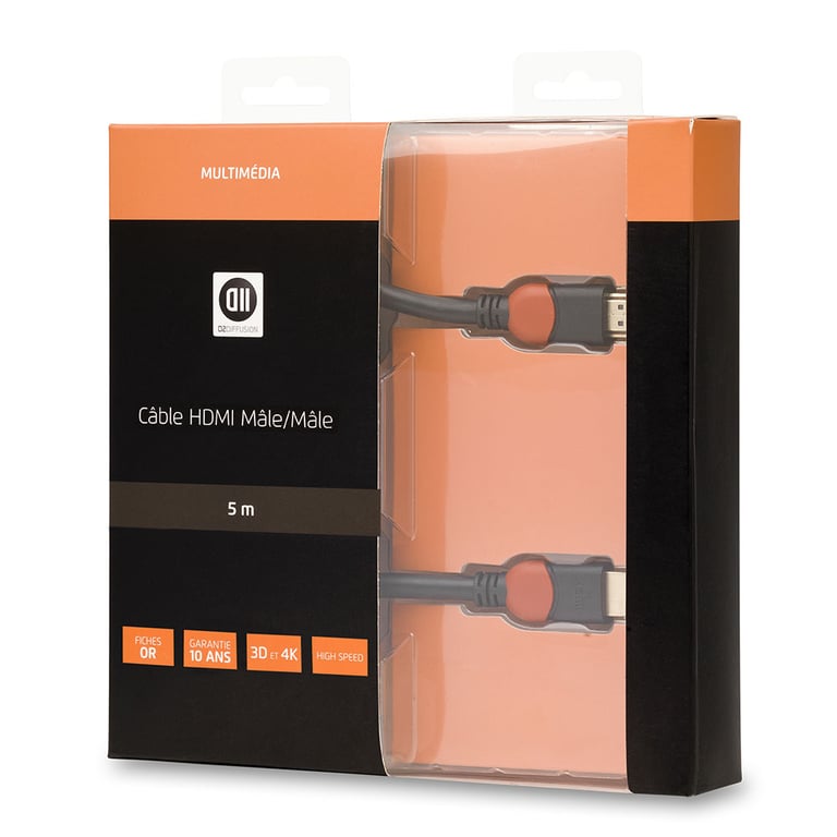 Câble HDMI 1.4 Mâle/Mâle 5 m - Fiches Or - High Speed HD - Neuf