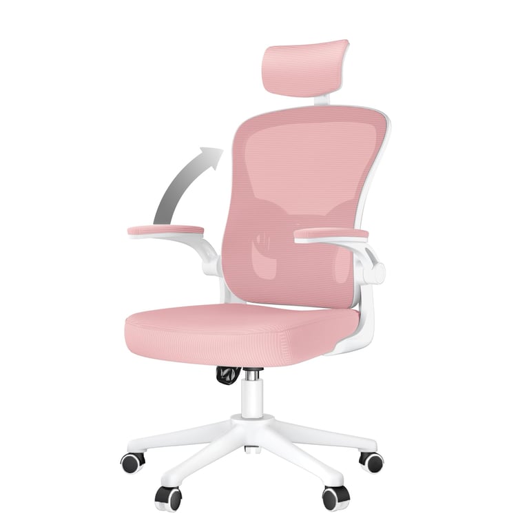 Sedia da ufficio ergonomica con altezza regolabile, poggiatesta, braccioli ribaltabili e supporto lombare - Rosa - Nuevo