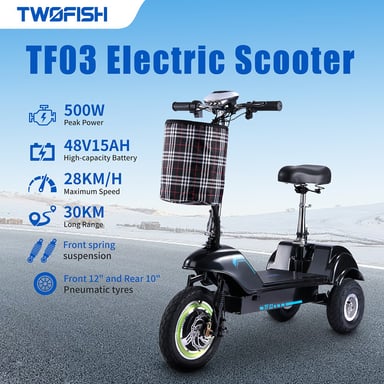 TWOFISH TF03 Monopatín Eléctrico con Asiento Desmontable, Motor 350W, Batería 48V 15Ah, Neumático Delantero de 12 Pulgadas y Trasero de 10 Pulgadas, Velocidad Máxima 28km/h, Autonomía 30km, Frenos de Disco, Suspensión Delantera de Muelle - Azul