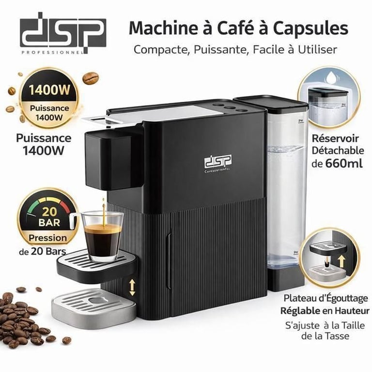 Machine À Café Capsules Dsp Ka3148 Compatible Nespresso 20 Bar Réservoir 660 Ml - vue 3