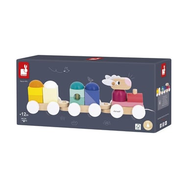 Jeu d'éveil JANOD Zigolos Train à Tirer Mouton en Bois 15 Blocs à Empiler Multicolore - Neuf