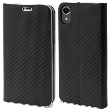 Moozy Étui portefeuille pour iPhone XR, Black Carbon - Étui à rabat avec bordure métallique, fermeture magnétique, porte-cartes et fonction béquille