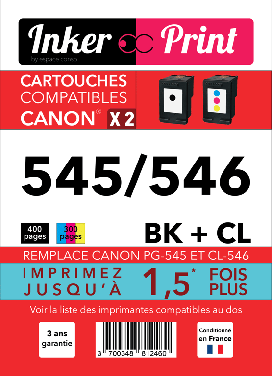Pack de Cartouches d'encre recyclées compatibles avec CANON 545 / 546 XL (Noir et Couleurs)