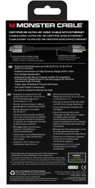 Câble HDMI Monster 1.80M - Résolution 8K - Dolby Vision - 48 GBPS - Vitesse Éclair - Homologué UL et CL3