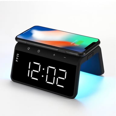 Evelatus WCC01BK Réveil 2 en 1 à grands chiffres avec chargeur sans fil 10 W et lampe couleur RVB Noir