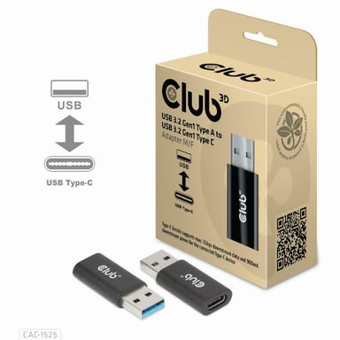 CLUB3D CAC-1525 cambiador de género para cable USB A USB TYPE C Negro