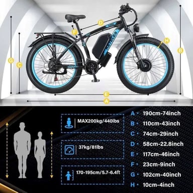 Vélo électrique KETELES K800, moteur 2000W, batterie 48V 23Ah, vitesse maximale 50 km/h, autonomie 100 km, pneus 26*4,0 pouces, noir et bleu.