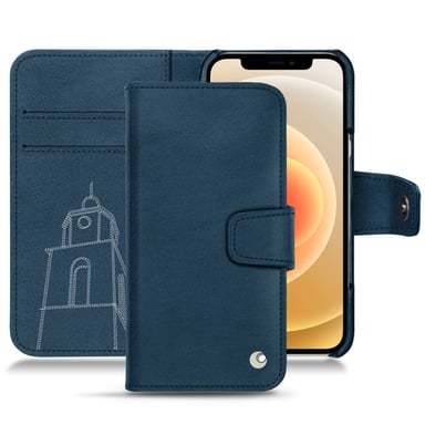 Housse cuir Apple iPhone 12 - Rabat portefeuille - Blu mediterran ( Pantone #0E3043 ) - Cuir lisse premium