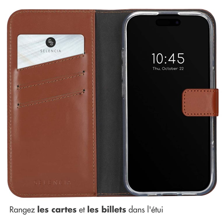 Selencia Étui de téléphone portefeuille en cuir véritable pour Apple iPhone 16 Neuf - vue 3
