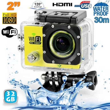 Camera Embarquée Sports Wi-Fi LCD Caisson Étanche Waterproof 12 Mp HD Jaune 32Go YONIS