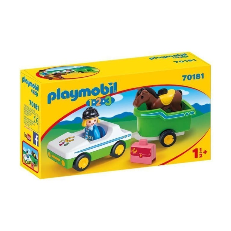 Playmobil 1.2.3 Cavalière avec voiture et remorque Neuf