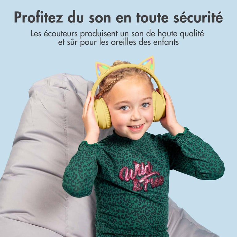 imoshion Casque sans fil pour enfants LED Cat Ear Limiteur de décibels Avec câble AUX Neuf - vue 9
