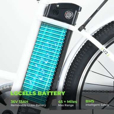 Vélo électrique isinwheel U2 pour adultes, 26'' 250W 36V 13Ah Batterie amovible, vélo électrique pour les déplacements en ville, Shimano 7 vitesses-Blanc
