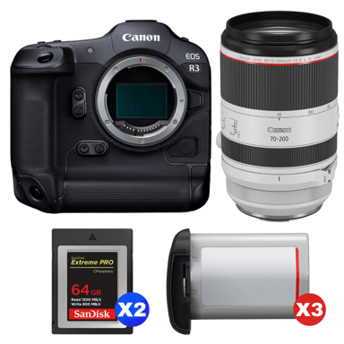 Appareil photo hybride Canon EOS R3 + RF 70-200mm f/2.8 L IS USM + 2 SanDisk 64GB Extreme PRO CFexpress Type B + 3 Canon LP-E19 + Ebook ''20 astuces pour des images qui claquent''