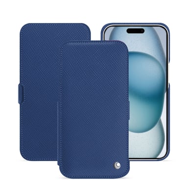 Housse cuir Apple iPhone 15 - Rabat horizontal - Bleu - Cuir saffiano