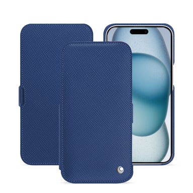 Housse cuir Apple iPhone 15 -  - Bleu - Cuir saffiano