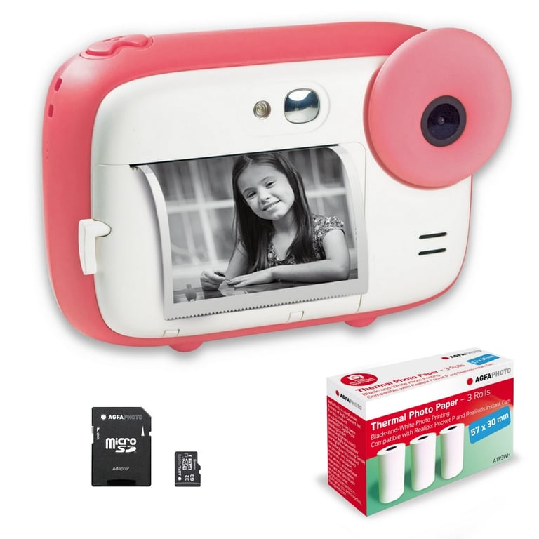 AGFA PHOTO Pack Realikids Instant Cam + 1 carte Micro SD + 3 rouleaux Papier Thermique ATP3WH Appareil Photo Instantané Enfant Ecran LCD 2 4' Miroir Selfie et filtre photo Neuf