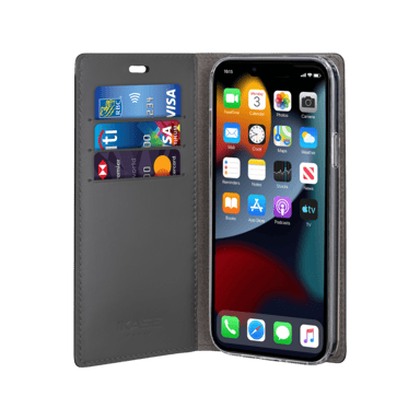 Diarycase 2.0 Funda de piel auténtica con soporte magnético para Apple iPhone 13 mini, Negro medianoche