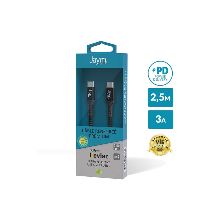 Jaym - Cable Premium 2,50 m - USB-C vers USB-C (Compatible Android et Apple) - Charge rapide 3A Power Delivery - Garanti à Vie - Ultra renforcé - Longueur 2,5 mètres