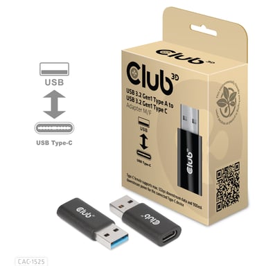 CLUB3D CAC-1525 cambiador de género para cable USB A USB TYPE C Negro