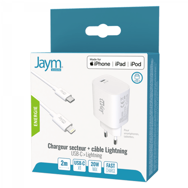 Jaym - Pack Cargador de red rápido USB-C 20W PD + Cable USB-C de 2 metros Lightning Compatible MFI Blanco