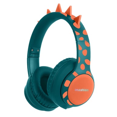 imoshion Casque sans fil pour enfants Dino LED Light - Limiteur de décibels - Avec câble AUX - Petrol Green / Orange