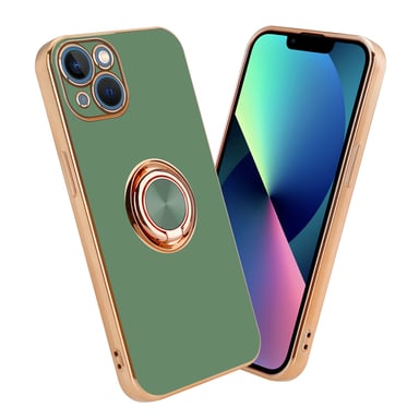 Coque pour Apple iPhone 14 PLUS en Glossy Vert Clair - Or avec anneau Housse de protection Étui en silicone TPU flexible, avec protection pour appareil photo et support voiture magnétique