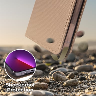 Moozy Étui à rabat pour iPhone 13 Pro Max, doré – Étui portefeuille à rabat magnétique intelligent avec porte-cartes et support, emplacements pour cartes de crédit, fonction béquille
