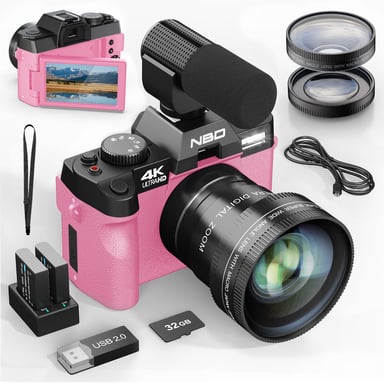 NBD S100 Appareil Photo numérique 4K 48 MP autofocus avec Grand Angle et Macro - Zoom 16x - Carte 32Go - 2 Battries - Microphone - Ecran de Film 3,0'' 180° - Appareil Photo Compact pour débutant-Rose