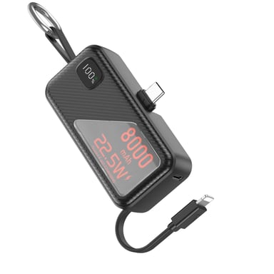 Mini Powerbank 8000mAh USB-C 22.5W et Lightning 20W avec Format Porte-Clé Noir