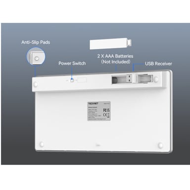 TECKNET X315 Clavier sans fil ergonomique - 78 touches - fin silencieux - Argent