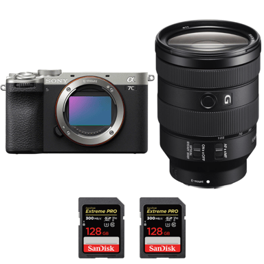 Cámara híbrida Sony A7C II Silver + FE 24-105mm f/4 G OSS + 2 SanDisk 128GB Extreme PRO UHS-II + Ebook ''20 consejos para fotos que impactan''