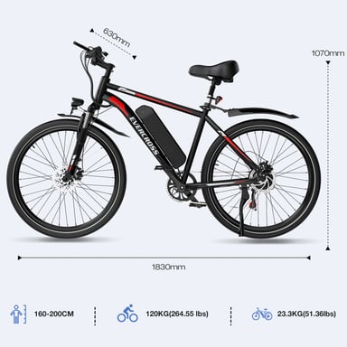 Vélo électrique - EVERCROSS EK15 - Pneu 26 pouces - Transmission 7 vitesses Batterie Amovible - Noir Rouge