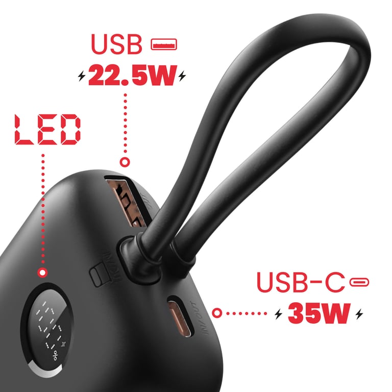 Batterie Externe 10000mAh Câbles USB C et Lightning intégrés Écran LED Neuf - vue 3