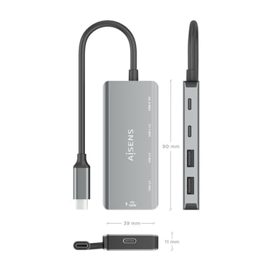 AISENS Hub USB 3.1 USB-C, USB-C/M-1xUSB-C PD 100W+1xUSB-C USB3.0/H+1xUSB-C USB2.0/H+2xUSB-A USB2.0/H, Gris, 15cm