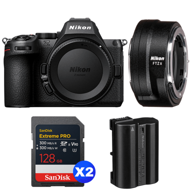 Cámara híbrida Nikon Z5 II + FTZ II + 2 SanDisk 128GB Extreme PRO UHS-II + Nikon EN-EL15c + Ebook ''20 consejos para fotos que impactan''