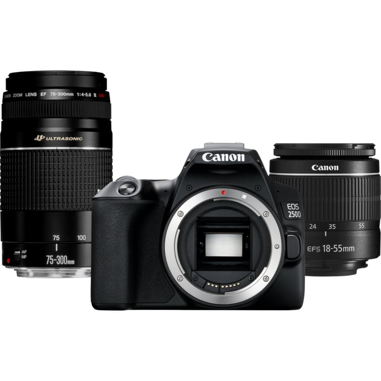 Canon EOS 250D + EF-S 18-55mm f/3.5-5.6 III + EF 75-300mm f/4-5.6 III Kit d' appareil-photo SLR 24,1 MP CMOS 6000 x 4000 pixels Noir - Canon