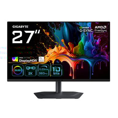GIGABYTE MO27Q3 Moniteur Gaming OLED 27” QHD - 2560 x 1440, 360Hz, 0.03ms, 250 cd/m², G-Sync Compatible, FreeSync Premium Pro, Display HDR True Black 400, HDMI 2.1, DisplayPort 1.4