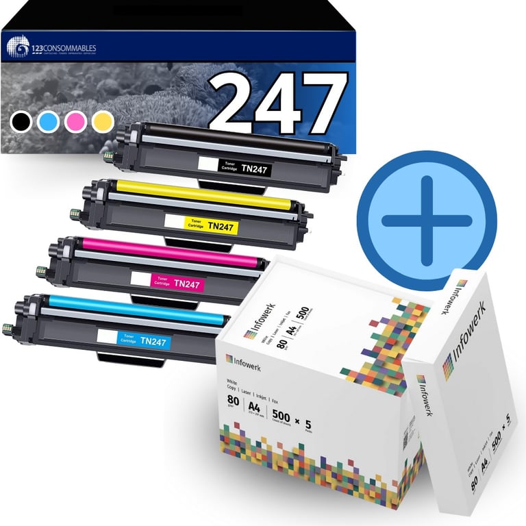 Pack 4 toners compatible BROTHER TN 247 + 5 ramettes de papier A4 Neuf