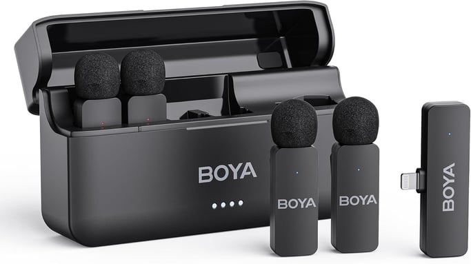 BOYA BY-V4D – Microfono wireless a 4 canali, Lightning, riduzione del rumore.