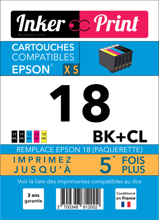 Pack de Cartouches d'encre recyclées compatibles avec EPSON 18 XL (Noir et Couleurs)