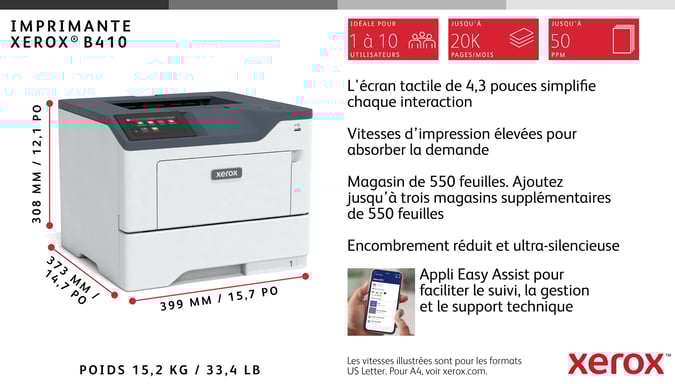 Xerox Imprimante recto verso A4 47 ppm B410, PS3 PCL5e/6, 2 magasins, total 650 feuilles