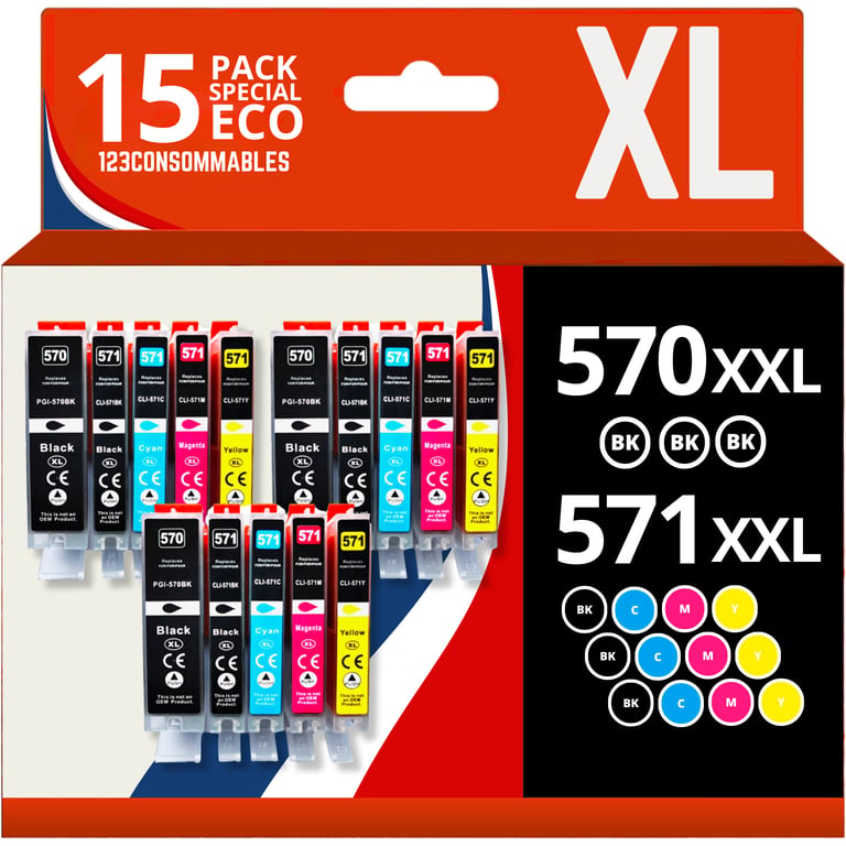 123CONSOMMABLES 570 571XL Pack 15 Cartouches d'encre Compatibles avec Canon 570 571 pour Canon PIXMA TS5055 TS5050 MG5750 TS5053 MG6852 MG6850 MG5700 MG5752 MG5753 6 / 3 Cyan / 3 / 3 Jaune Neuf