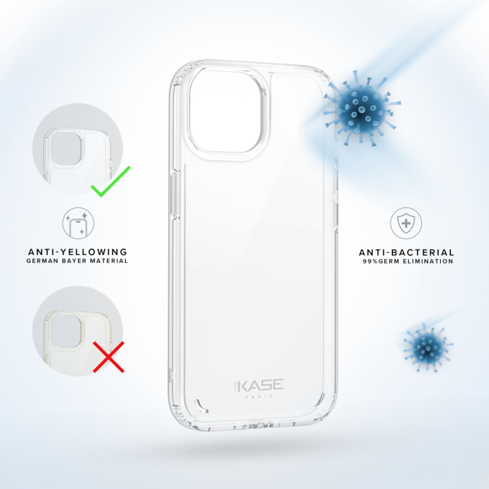 Coque antibactérienne antichoc hybride invisible pour Apple iPhone 15, Transparente